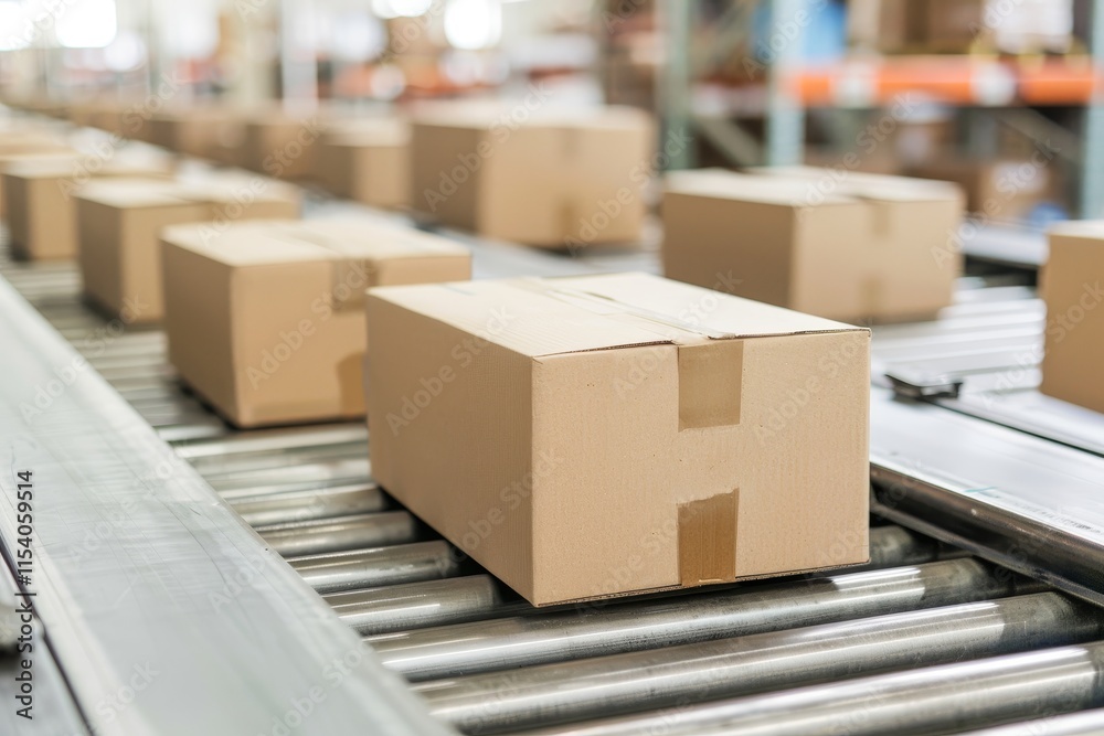 Cardboard Boxes on a Conveyor Belt in Distribution Warehouse, Logistics, Supply Chain Cardboard Boxes on a Conveyor Belt in Distribution Warehouse, Logistics, Supply Chain