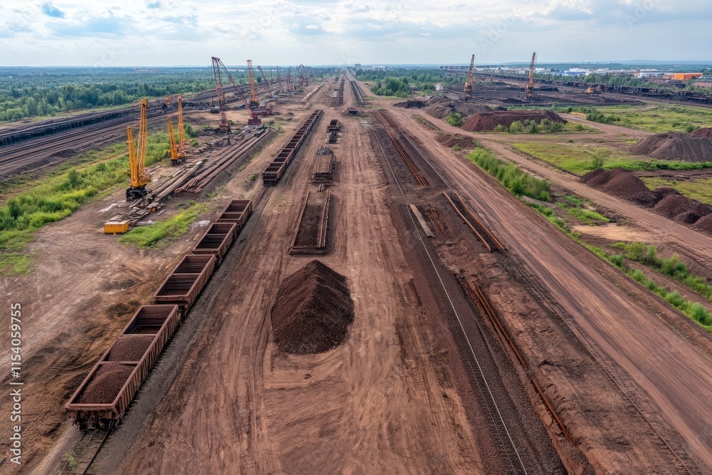 Aerial View of a Busy Industrial Railroad Site with Ore Cars and Loading Cranes Aerial View of a Busy Industrial Railroad Site with Ore Cars and Loading Cranes