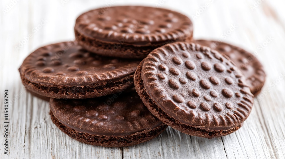 Delicious round chocolate biscuits stacked on a rustic white wooden table for a tempting dessert display Delicious round chocolate biscuits stacked on a rustic white wooden table for a tempting dessert display