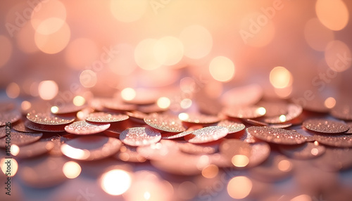 Glittering golden coins with warm bokeh lights background