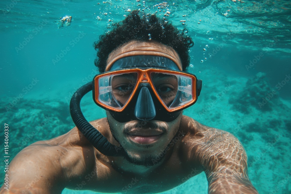 Naklejka premium Man Diving Underwater in Clear Blue Ocean Wearing Snorkel Gear