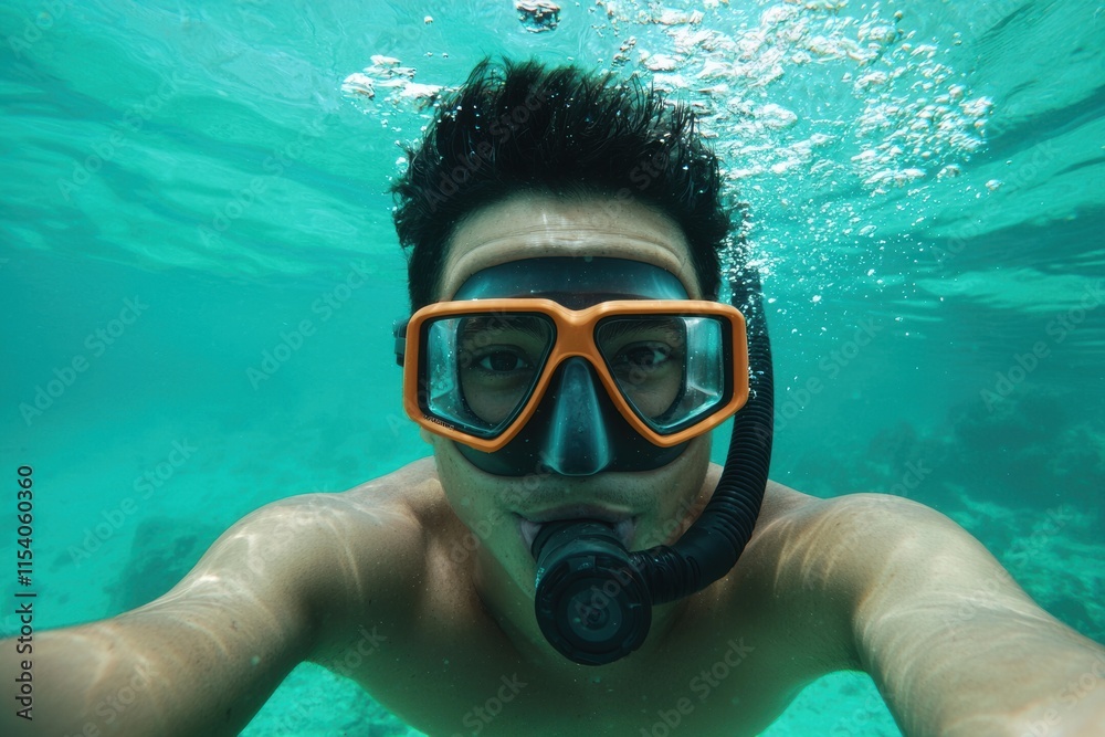 Naklejka premium Young Man Underwater with Snorkel and Mask in Clear Blue Ocean