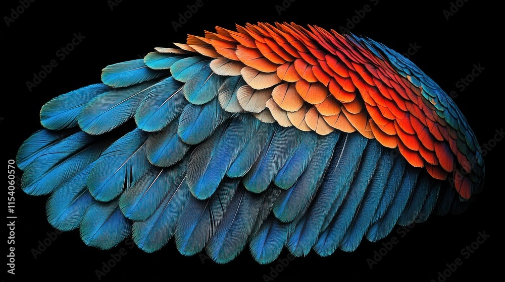 Obraz premium Vibrant parrot wing feathers isolated on black background.