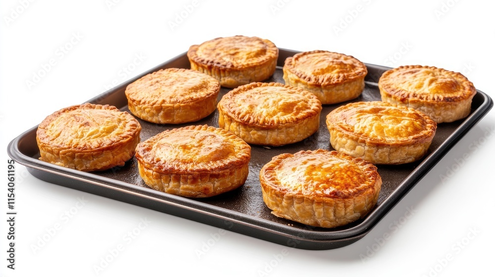 Round golden fried meat pies arranged neatly on a baking tray against a clean white background showcasing appetizing baked goods.