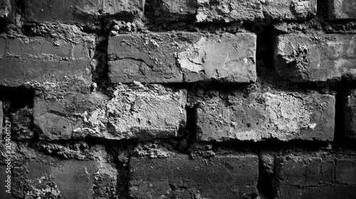 Aged rough brick texture detailed background in black and white showcasing weathered surfaces and layered patterns for design use. photo