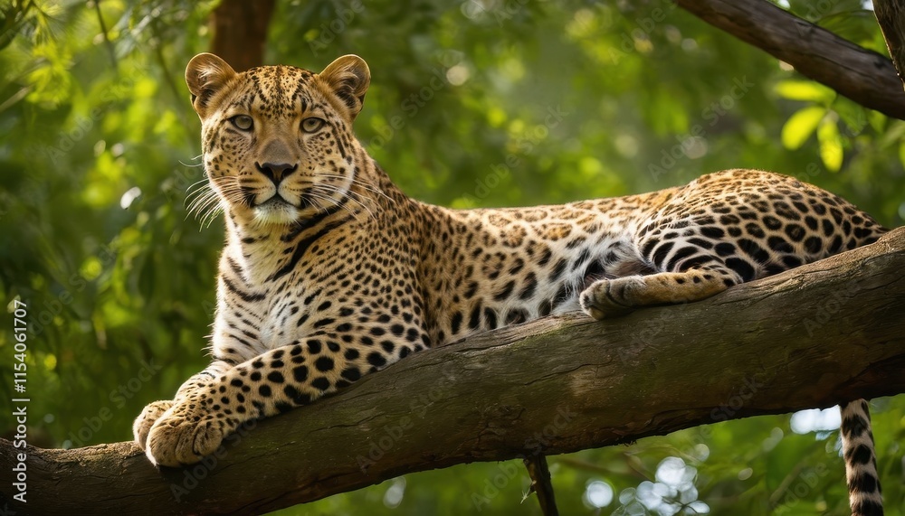 A majestic leopard lounges on a tree branch, surrounded by vibrant greenery, capturing the essence of tranquility and wilderness A majestic leopard lounges on a tree branch, surrounded by vibrant greenery, capturing the essence of tranquility and wilderness