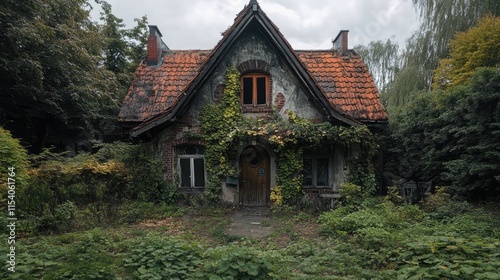 Abandoned Rott House facade overgrown with ivy surrounded by dense greenery under a cloudy sky showcasing historic architecture