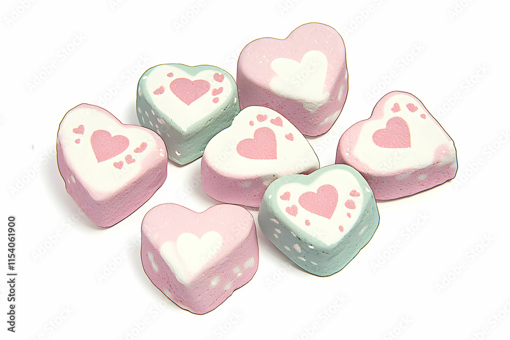 Obraz premium Colorful heart-shaped marshmallows in pink, white, and green with playful designs for festive celebrations and special occasions