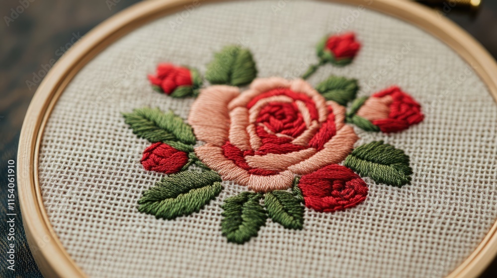 Embroidered roses design on fabric showcasing intricate cross stitch craftsmanship Embroidered roses design on fabric showcasing intricate cross stitch craftsmanship