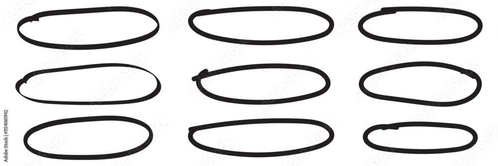 Set of hand drawn doodle ellipses. Scribble ovals and bubbles to circle and highlight text. Collection of different brush drawn black circles. Marker round elements isolated on white background. Set of hand drawn doodle ellipses. Scribble ovals and bubbles to circle and highlight text. Collection of different brush drawn black circles. Marker round elements isolated on white background.