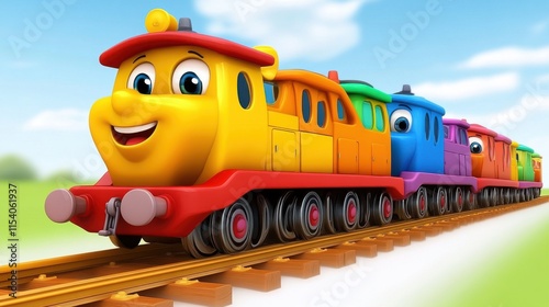 Colorful cartoon train on tracks.