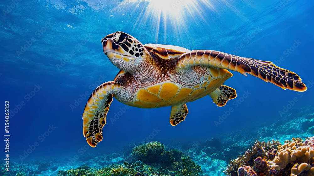 Obraz premium A majestic turtle gliding gracefully through a vibrant underwater landscape.
