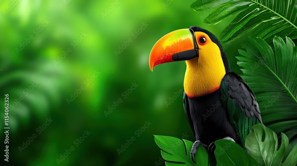 Fototapeta premium A vibrant toucan perched among lush green leaves, showcasing its bright beak and colorful feathers in a tropical setting.