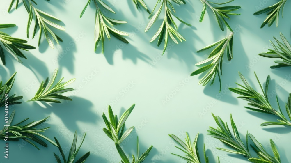 Naklejka premium Fresh rosemary leaves arranged artistically on a soft green background showcasing natural beauty and culinary versatility.
