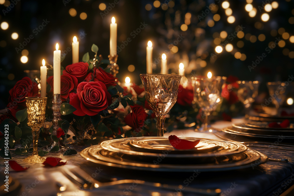 Wedding banquet with a romantic atmosphere, decorated with roses, candles, and gold-accented plates. Wedding banquet with a romantic atmosphere, decorated with roses, candles, and gold-accented plates.