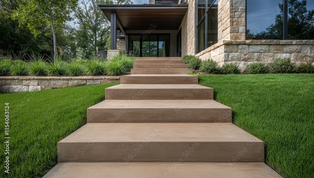 Stunning Outdoor Concrete Steps Leading to a Modern House with Lush Landscaping. A Perfect Blend of Architecture and Nature Stunning Outdoor Concrete Steps Leading to a Modern House with Lush Landscaping. A Perfect Blend of Architecture and Nature