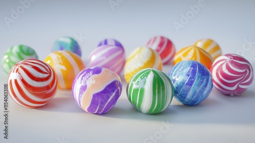 Colorful round candies with swirled patterns arranged on a light background, perfect for sweet treats or confectionery themed designs.