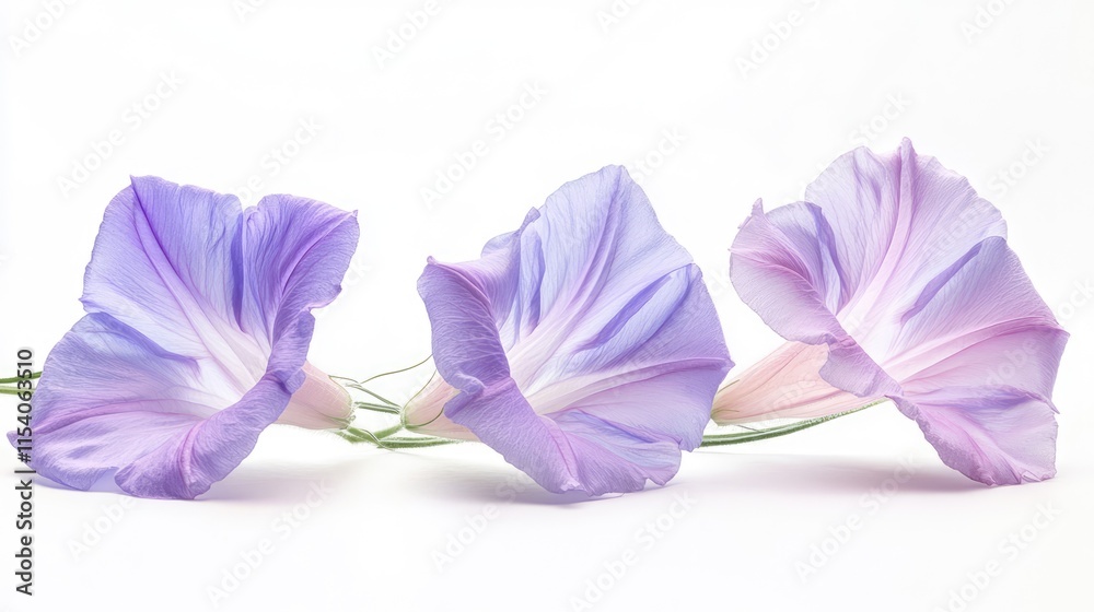 Fototapeta premium Delicate lavender morning glory flowers showcasing intricate petal patterns and soft hues on a white background. Ideal for nature-themed designs.