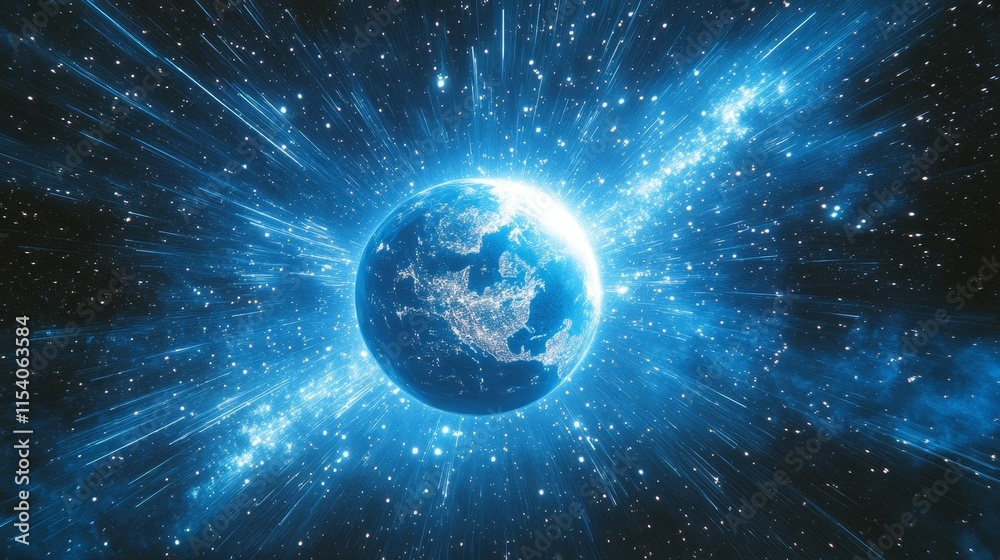Obraz premium Blue Cosmic Explosion Surrounding Earth in a Vibrant Display of Light and Energy Illustrating the Vastness of the Universe