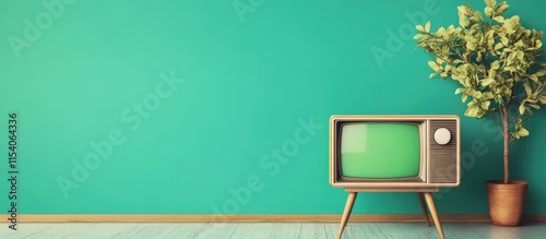 Vintage television set with green screen on vibrant green wall highlighting retro technology and interior design aesthetics photo