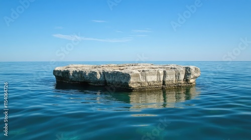 Rugged rocky outcrop in calm blue sea under clear sky creating serene seascape on a sunny summer day photo