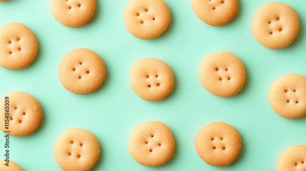 Crispy round cookies arranged in a seamless pattern on a light green background creating a fun and playful texture for design use Crispy round cookies arranged in a seamless pattern on a light green background creating a fun and playful texture for design use