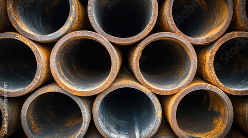 stack of rusty rounded welded steel pipes with open ends against a white background showcasing industrial materials and construction elements
