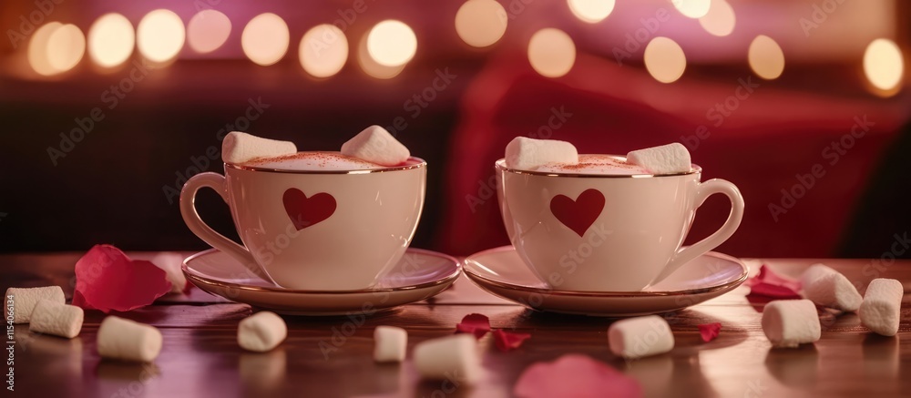 Fototapeta premium Romantic coffee setting with two cups topped with marshmallows and surrounded by rose petals against a blurred warm background