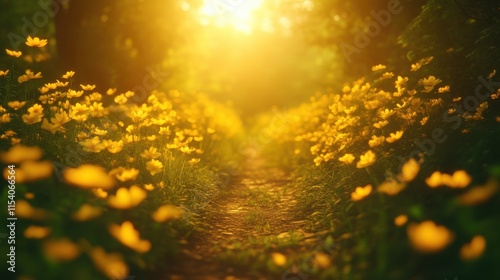 Sunlit path through yellow wildflowers.