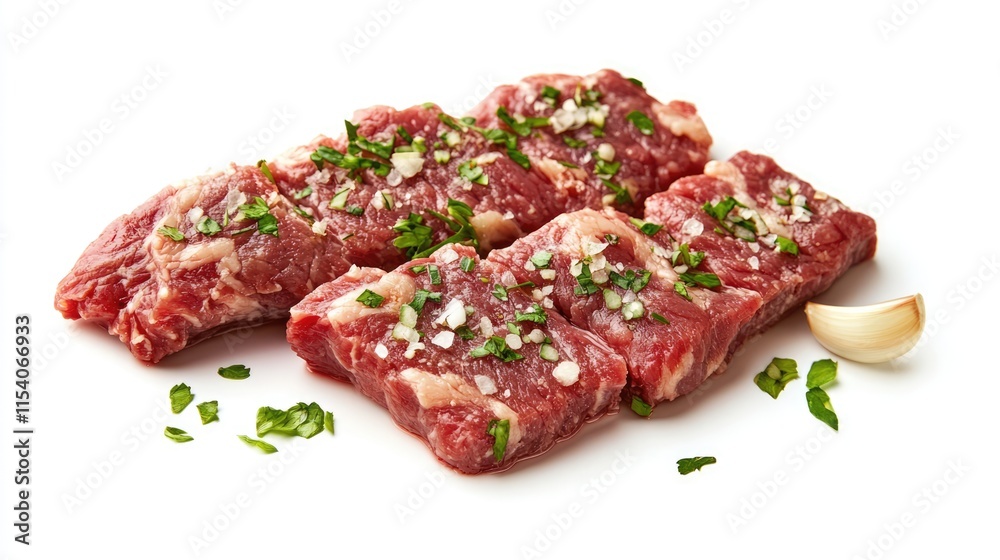 Spicy marinated raw meat with garlic and herbs ready for grilling on a white background Spicy marinated raw meat with garlic and herbs ready for grilling on a white background