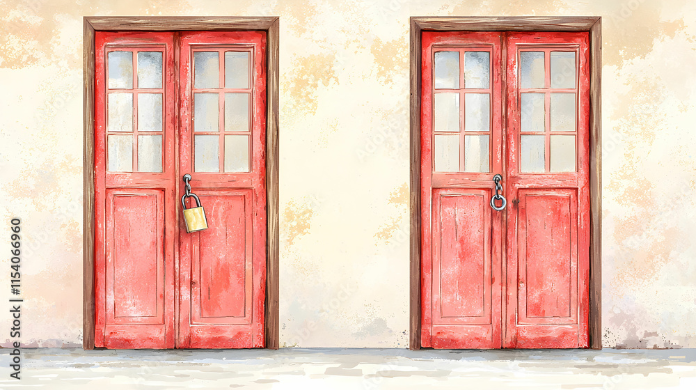 Two Bright Red Doors with Window Panes and a Padlock on One Door Set Against a Neutral Wall Background Two Bright Red Doors with Window Panes and a Padlock on One Door Set Against a Neutral Wall Background