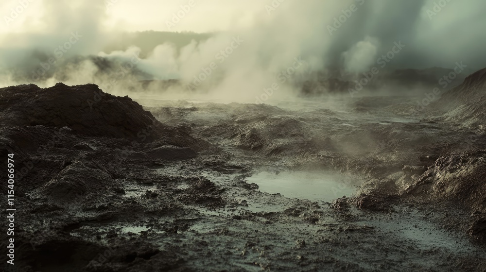 Geothermal landscape with steam rising from mud pools and rough terrain in a natural hot spring area Geothermal landscape with steam rising from mud pools and rough terrain in a natural hot spring area