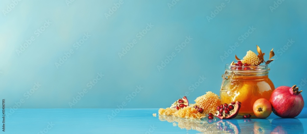 Rosh Hashanah honey jar apple and pomegranate on blue background festive greeting card design with space for text