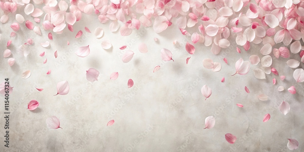 Fototapeta premium Soft pink sakura petals gently fall onto a serene white background with subtle texture resembling traditional Japanese paper , spring sakura petals falling, delicate petals