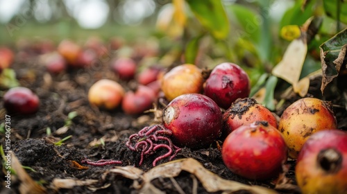 Decay of mangosteens infested with worms on soil showcasing agricultural issues and waste management challenges in farming environments