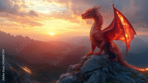 Majestic Red Dragon Perched on Mountain Peak at Sunset photo