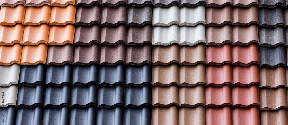 Variety of roof tiles in stacked rows showcasing different colors and textures perfect for construction and renovation projects Variety of roof tiles in stacked rows showcasing different colors and textures perfect for construction and renovation projects