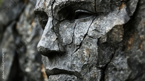 Detailed close-up of rough textured stone surface resembling a human face ideal for backgrounds and artistic designs photo