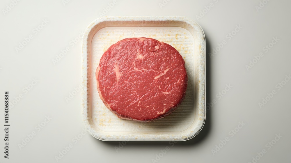Fresh round steak displayed on foam tray set against a clean white backdrop showcasing its marbled texture and quality for culinary use. Fresh round steak displayed on foam tray set against a clean white backdrop showcasing its marbled texture and quality for culinary use.