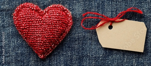 Handcrafted red heart on denim backdrop with empty craft tag perfect for personalized greeting messages or creative gift cards photo