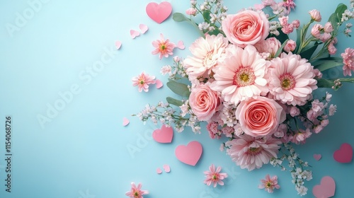 Bouquet of beautiful spring flowers on a pastel pink background for Happy mothers day