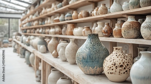 Artisan ceramic vessels studio shelves each showcasing intricate glaze techniques ready for saggar firing with smoky surface effects photo