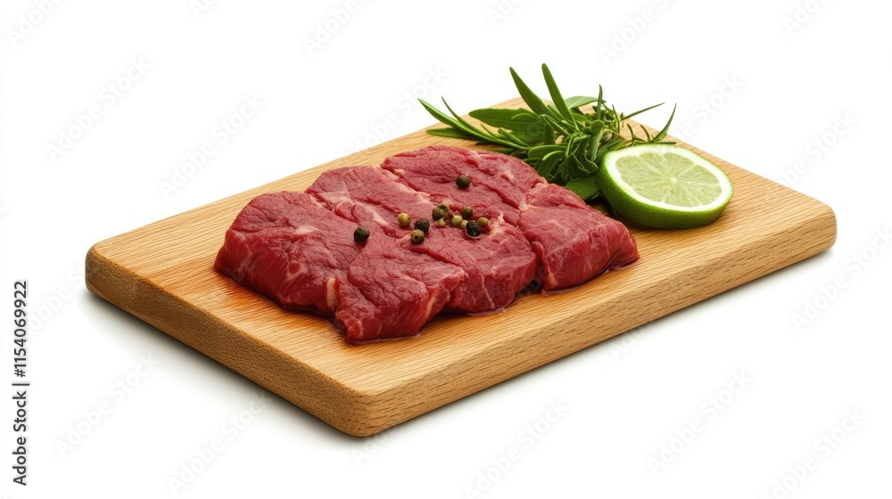 Freshly prepared raw lamb leg slices on a wooden cutting board with herbs and lime isolated on a white background for culinary use. Freshly prepared raw lamb leg slices on a wooden cutting board with herbs and lime isolated on a white background for culinary use.