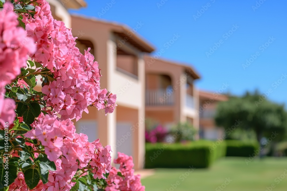 Obraz premium Close-Up of Pink Bougainvillea Flowers Against Modern Architecture