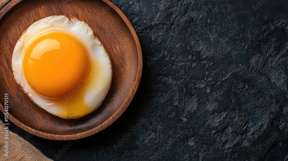 Fresh raw egg on a wooden plate against a dark textured background highlighting culinary ingredients for cooking or baking concepts Fresh raw egg on a wooden plate against a dark textured background highlighting culinary ingredients for cooking or baking concepts
