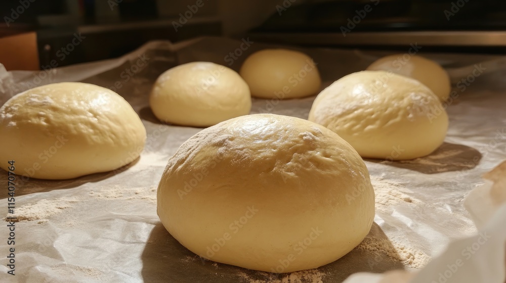 Freshly prepared round dough buns resting on parchment paper before baking in a warm kitchen setting Freshly prepared round dough buns resting on parchment paper before baking in a warm kitchen setting