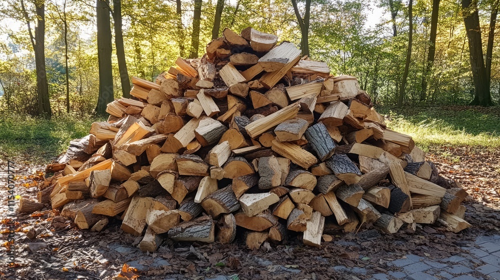 Woodpile in a serene forest setting showcasing decaying logs under soft sunlight creating a rustic, natural ambiance Woodpile in a serene forest setting showcasing decaying logs under soft sunlight creating a rustic, natural ambiance