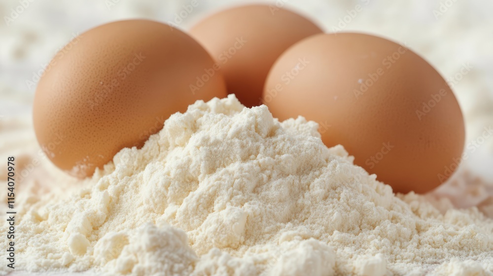Fresh baking ingredients with eggs and flour for making homemade dough in a rustic kitchen setting Fresh baking ingredients with eggs and flour for making homemade dough in a rustic kitchen setting