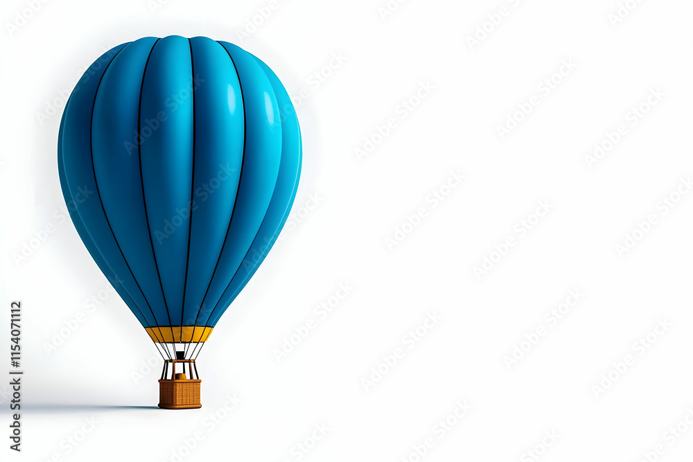 Obraz premium Vibrant Blue Hot Air Balloon with Basket Against Clean White Background for Adventure and Travel Concepts