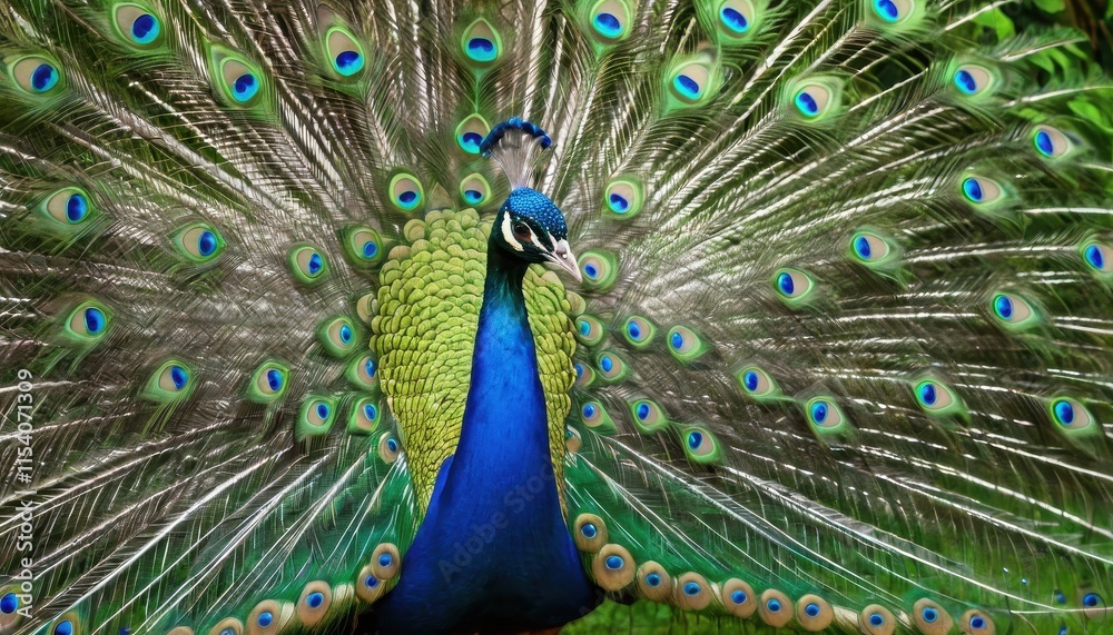 Obraz premium A vibrant peacock in a sunlit garden, proudly showcasing its brilliant and colorful tail feathers, symbolizing grace, beauty, and nature’s artistry